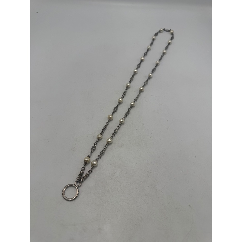 Vintage Faux Pearl Station Necklace Silver Tone Beaded Ring Pendant 22 Inch